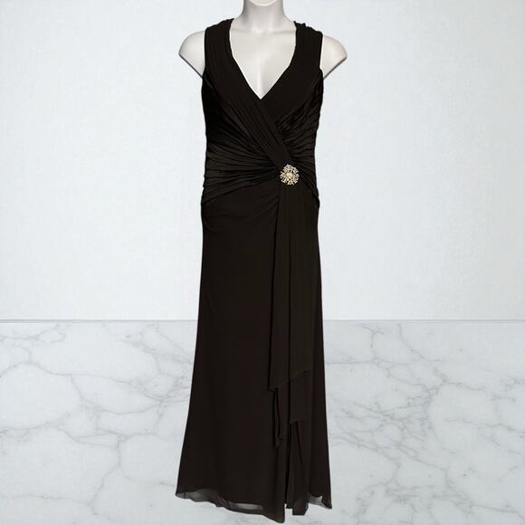 Vintage Y2K Tadashi Silk Evening Gown 12 Rhinestone Brooch V Neck Ruched Dress - Picture 1 of 12